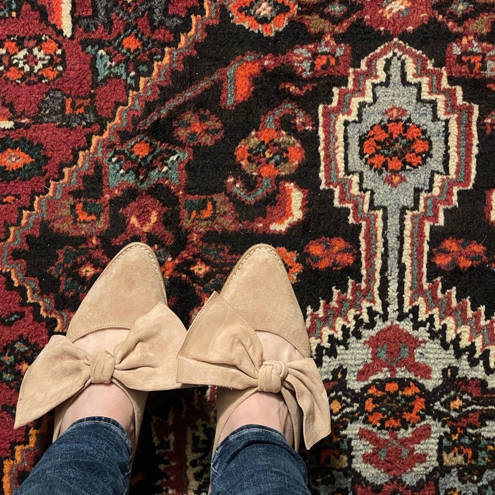 Jeffery Campbell mule slides with bow.